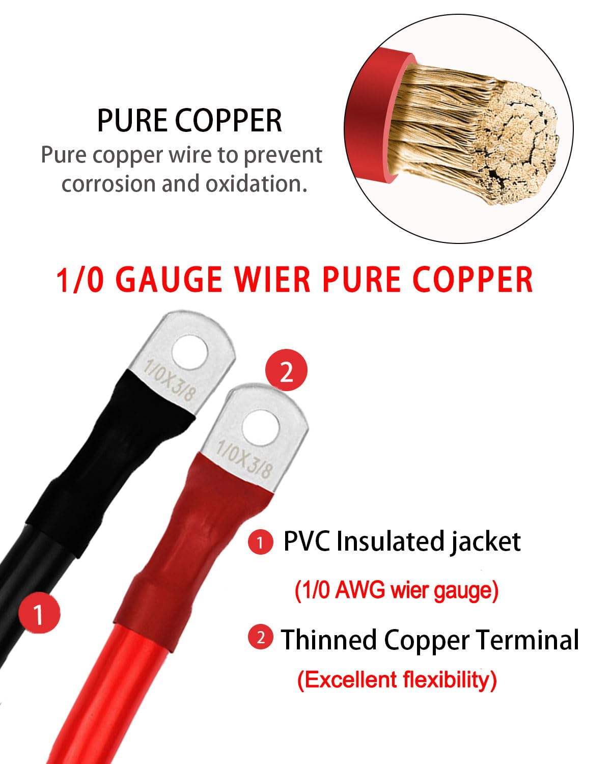 Copper Flexible Battery Cable with Silicone Jacket PVC Insulation Power Inverter Wire Set for Solar Marine Applications Alt
